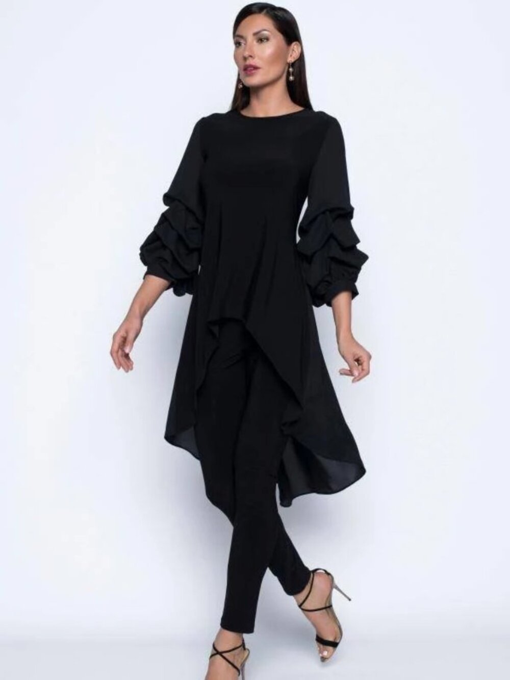 Frank Lyman Black Tunic | Dramatic Ruffle Sleeves | High-Low Tuxedo Tail | Sz 14